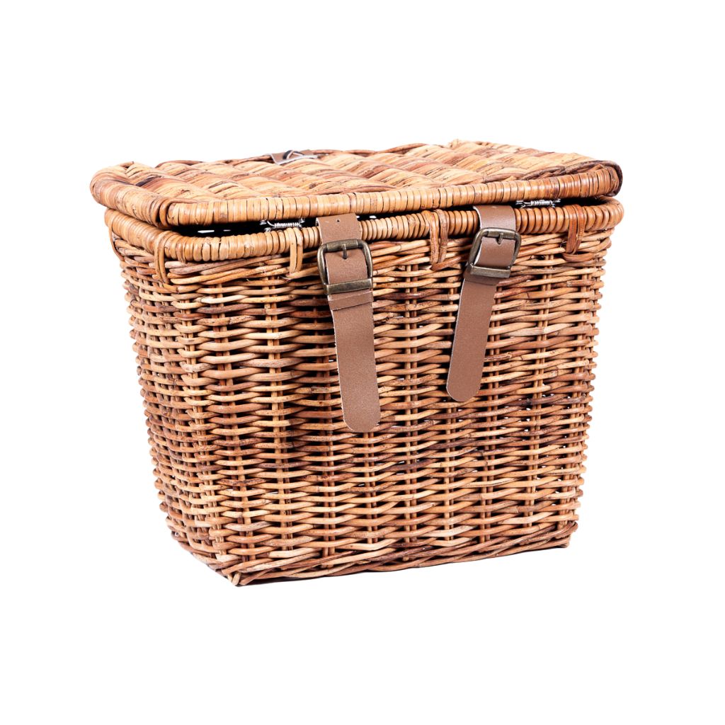 cesta de mimbre cuadrada con tapa con correas de piel