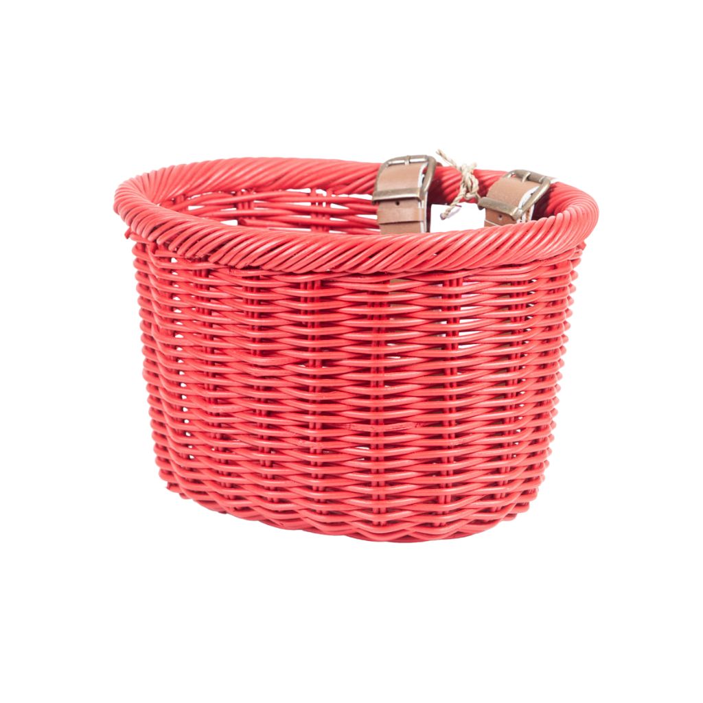 cesta de mimbre color rojo con correas